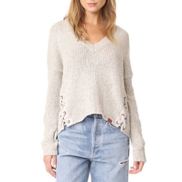 FREE PEOPLE One Teaspoon Saints & Roses Sweater Chunky Knit Lace Up V-neck XXS - Picture 3 of 16